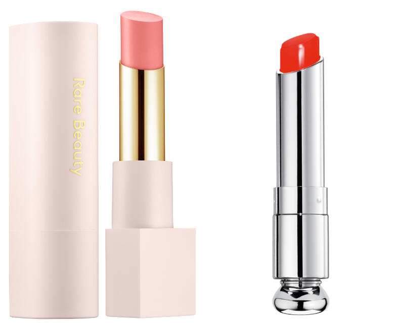 With Gratitude Dewy Lip Balm de rare Beauty y bálsamo con color como Dior Lip Glow, 